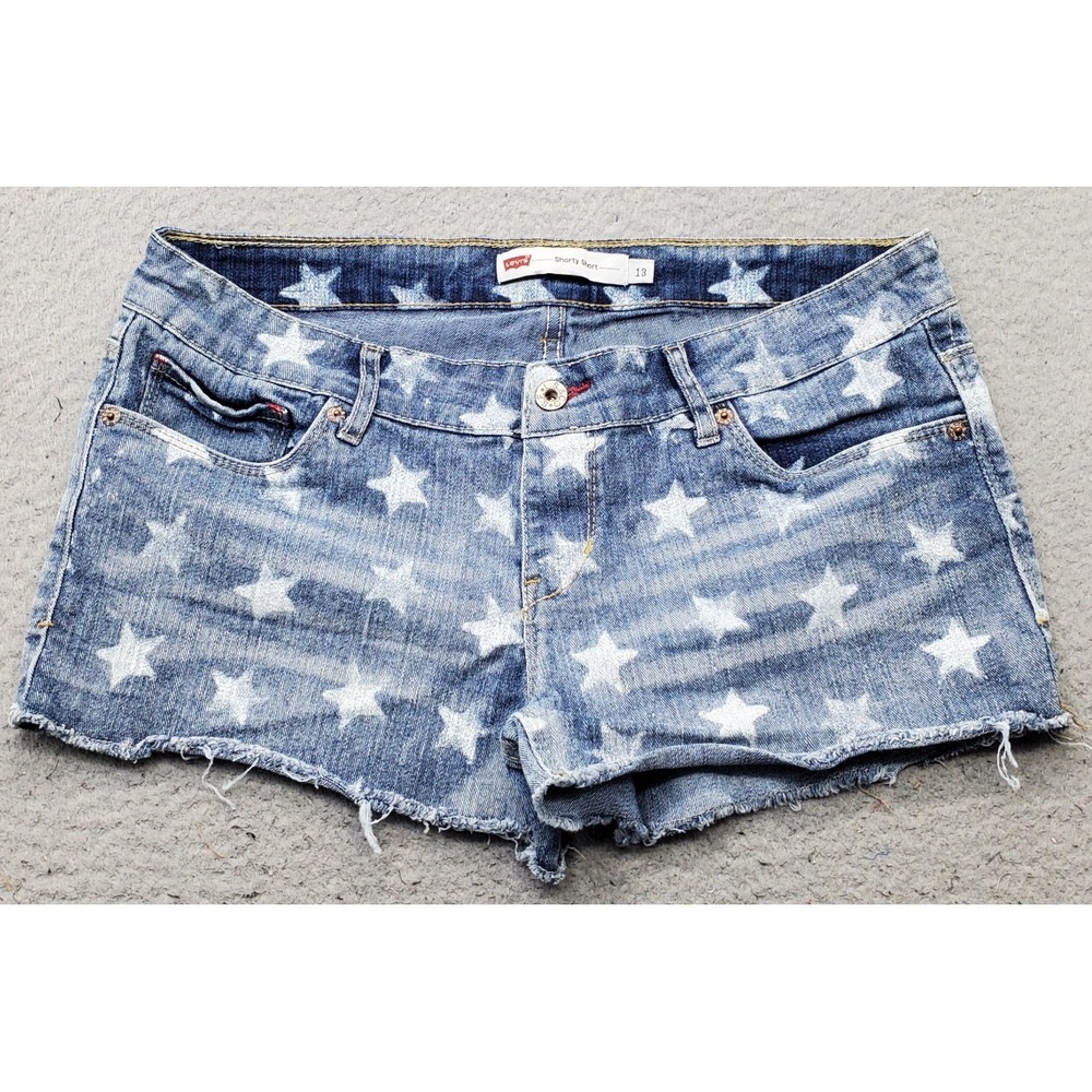 Levi's Shorty-Shorts Womens 13 Multi Denim Star Print Stretch Red Tab Frayed Hem